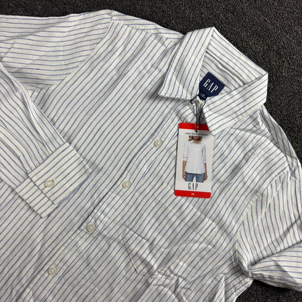 Gap Women's Linen Blend Button Down Shirt Long Sleeve Size XS Striped White Blue